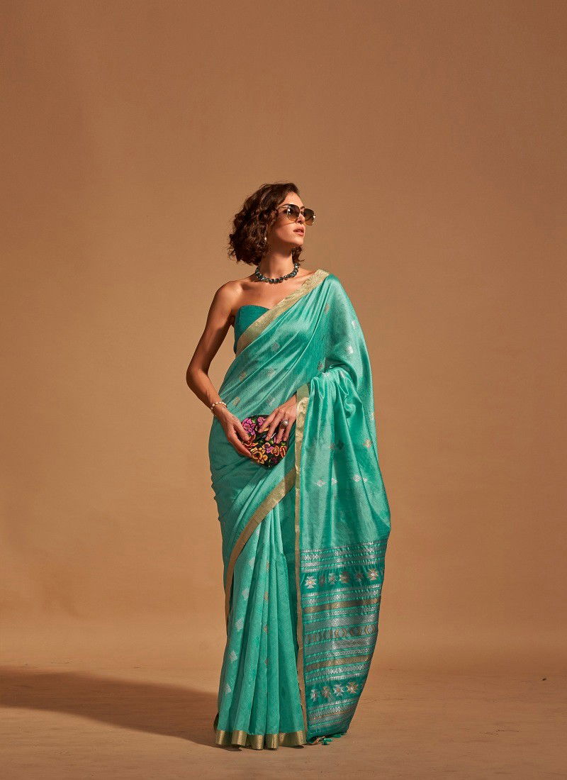 Firozi Colour Kanoi Silk By Rajtex Handloom Weaving Silk Saree Orders In India 362002