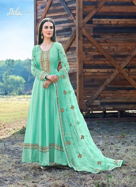 Firozi Colour Kashish By Bela Dola Silk Embroidery Anarkali Suit Wholesalers In Delhi 1551