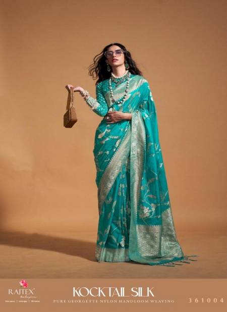 Firozi Colour Kocktail Silk By Rajtex Georgette Handloom Weaving Saree Orders In India 361004