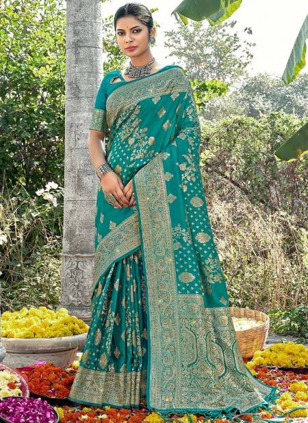 Sea Green Colour Manbhari Sangam Wedding Wear Wholesale Banarasi Silk Sarees Catalog 1002