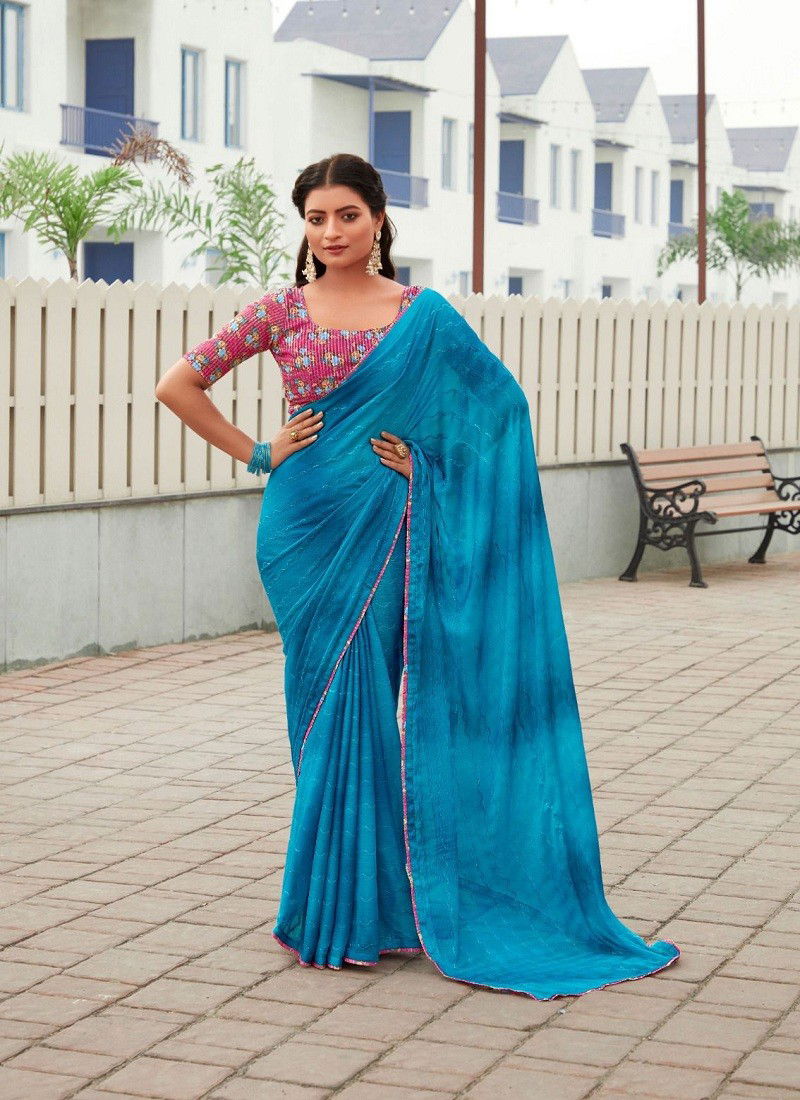 Firozi Colour Oliva By Stavan 3D Shaded Chiffon Embroidery Saree Wholesale Online 106