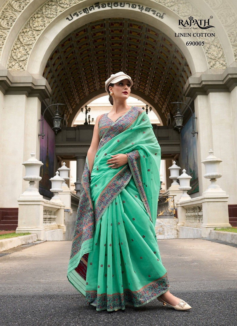 Firozi Colour Prajanya By Rajpath Soft Linen Cotton Daily Wear Saree Suppliers In India 690005