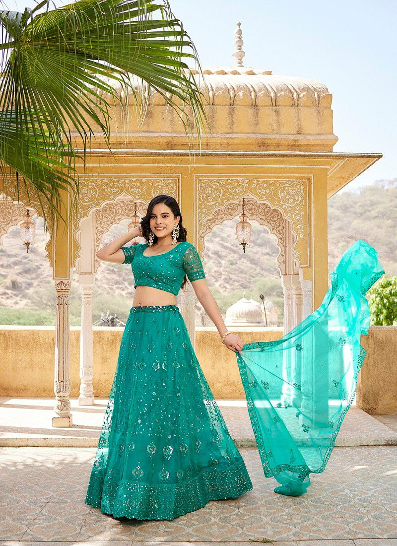 Firozi Colour SS 158 Wedding Wear Embroidery Soft Net Lehenga Choli Exporters In India 1881