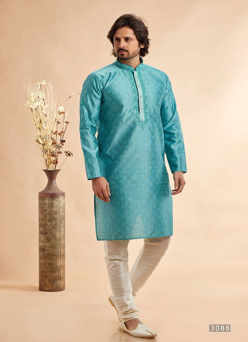 Firozi Colour Vol 93 Occasion Wear Jaquard Art Silk Mens Kurta Pajama Wholesale Online 3088