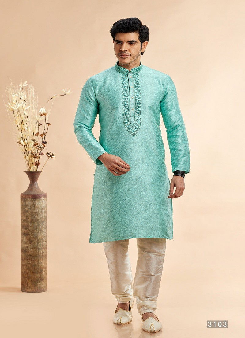 Firozi Colour Vol 94 Function Wear Jaquard Art Silk Mens Kurta Pajama Orders In India 3103