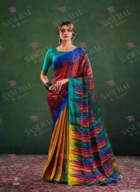 Firozi Multi Colour Sophia By Sasural Digital Printed Crape Jacquard Saree Exporters In India 501