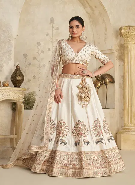 Cream colour Silk With Zari Work Lahenga With Blouse And Dupatta Bulk Orders In India KF 2102 