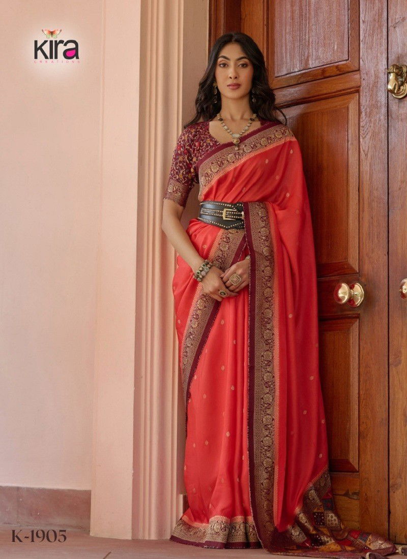 Gajari Colour Kadambri By Kira Viscose Wedding Wear Saree Wholesalers In India 1905