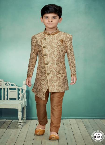 Gold And Chikoo Colour Kids Indo Western Sherwani Catalog K 551