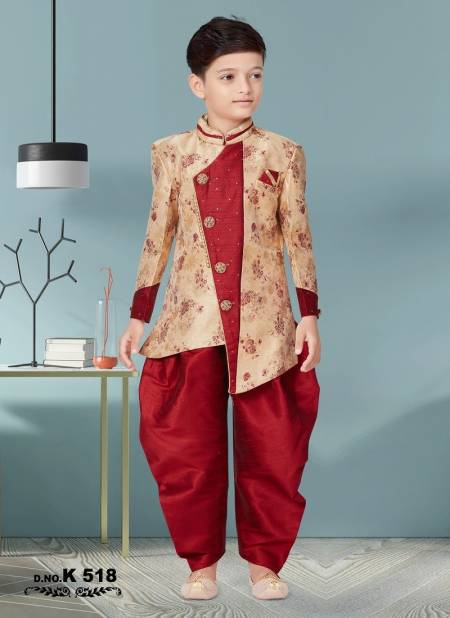 Gold And Maroon Colour Kids Party Wear Kurta Pajama Catalog 518