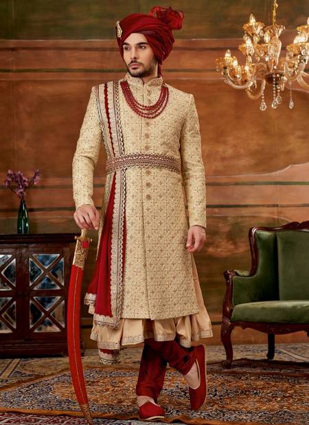 Gold And Maroon Colour Heavy Wedding Wear Wholesale Sherwani Catalog 1006