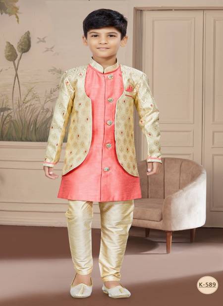 Gold And Pink Colour Kids Boys Wear Kurta Pajama And Indo Western Catalog K 589