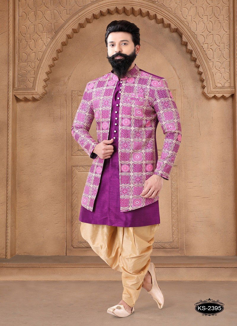 Gold And Purple Colour 1632 Wedding Mens Wear Silk Indo Western Suppliers In India 1632-KS 2395