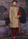 Gold Art Designer Embroidered Banarasi Silk Wedding Sherwani with Stole 180559