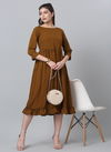 Gold Colour Raisin American Crepe Party Wear Western Midi Dress Catalog OLRF0049