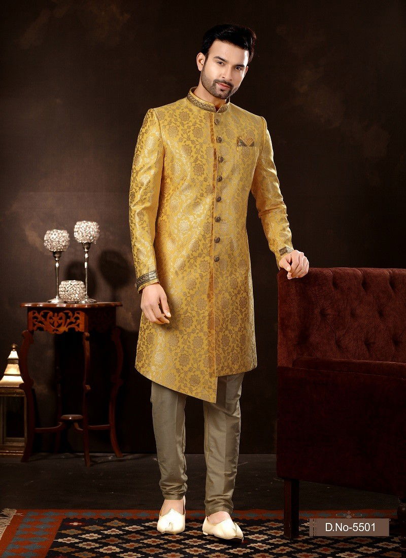 Gold Colour Vol 12 Wedding Wear Mens Wholesale Sherwani In India 5501