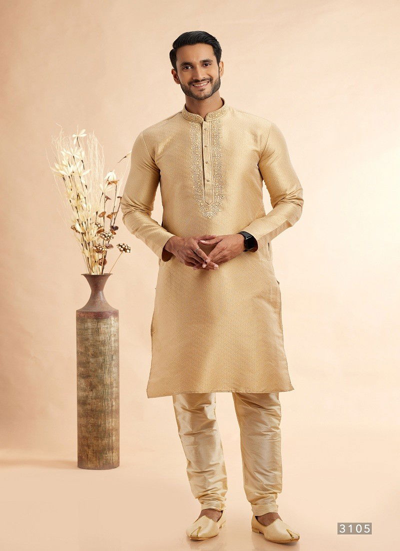 Gold Colour Vol 94 Function Wear Jaquard Art Silk Mens Kurta Pajama Orders In India 3105