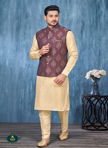 Gold Colour Wedding Wear Mens Modi Jacket Kurta Pajama Wholesale Price In Surat 2323