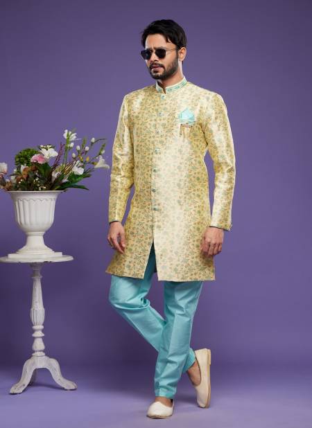 Gold Turquoise Blue Colour Exclusive Partywear Menswear Indo Western Catalog 2444