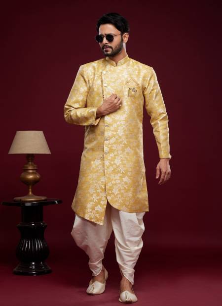 Gold Yellow Colour Mens Partywear Indo Western Catalog 2403