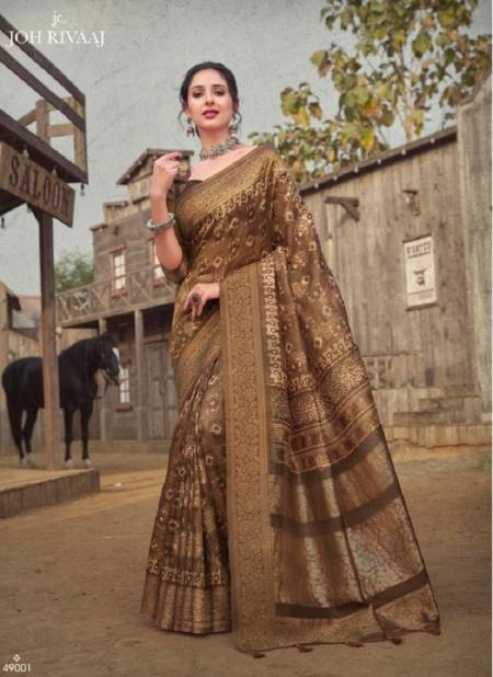 Golden And Brown Colour Jalakshi By Joh Rivaaj Printed Saree Catalog 49001
