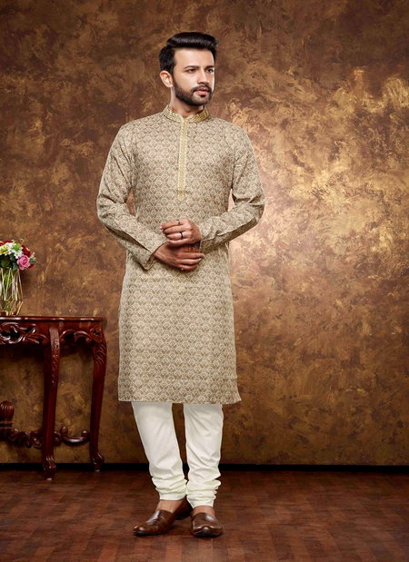 Golden And White Colour 1631 Function Mens Wear Poly Cotton Digital Printed Kurta Pajama Exporters In India 1631-8