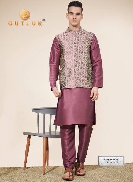 Golden And Wine Colour Outluk Wedding Collection Vol 17 Jaquard Mens Modi Jacket Kurta Pajama Exporters In India 17003