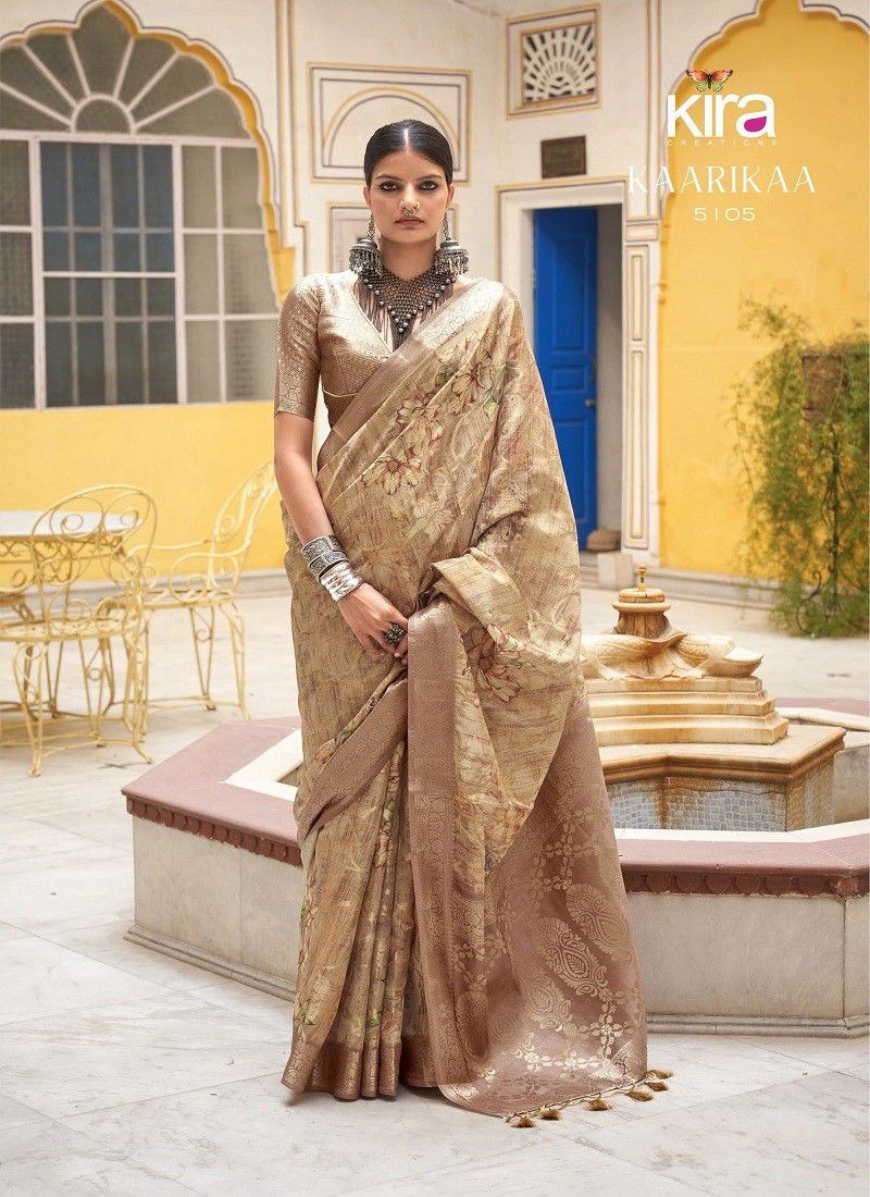 Golden Colour Kaarika By Kira Soft Cotton Silk Printed Saree Orders In India 5105