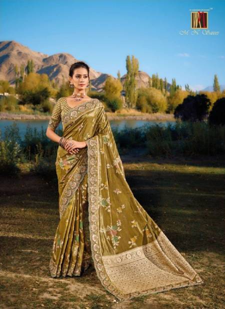 Golden Colour Kacchi Banarasi By Mn Banarasi Zari Heavy Designer Saree Catalog 7306