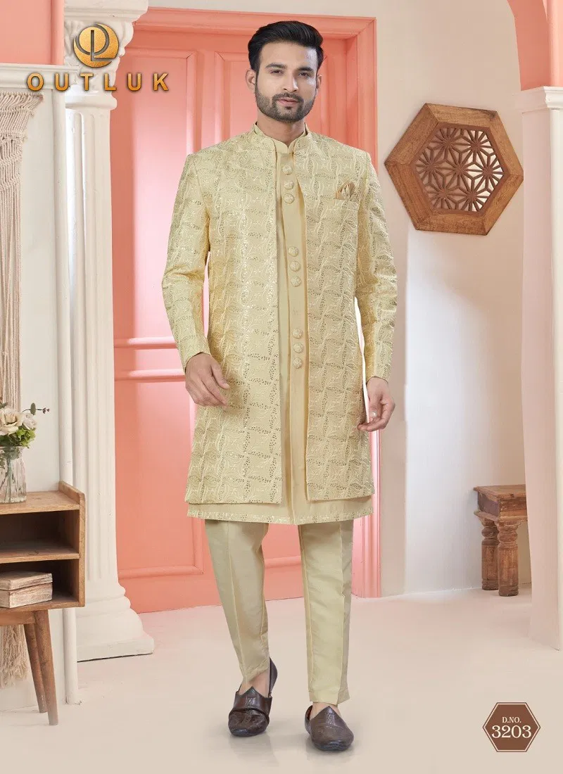 Golden Colour Outluk Wedding Collection Vol 32 Party Wear Mens Indo Western Manufacturers 3203