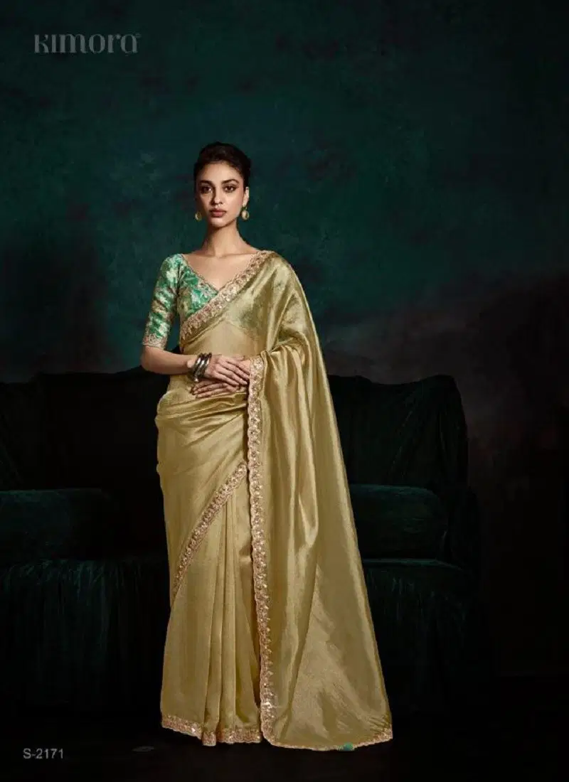 Golden Colour Rangat 2 By Kimora Fancy Designer Party Wear Saree Wholesale Shop In Surat S-2171 