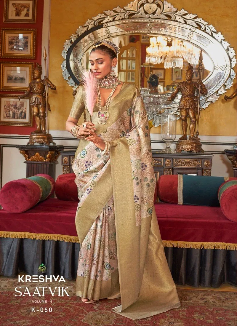 Golden Colour Saatvik Vol 4 By Kreshva Tusser Silk Digital Printed Saree Orders In India K-050