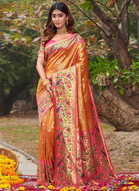 Golden Colour Sonapari Sangam Wedding Wear Wholesale Silk Sarees Catalog 10001