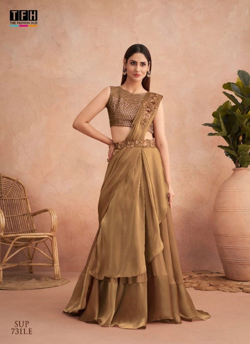 Golden Colour Super Star Hit By Tfh Designer Function Wear Readymade Saree Orders In India Sup 7311.E