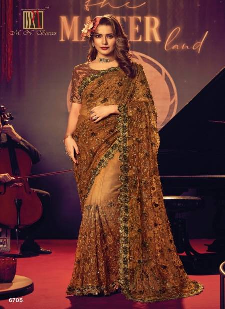 Golden Colour Swarovski Vol 6 By Mn Digital Net Designer Party Wear Saree Suppliers In India 6705