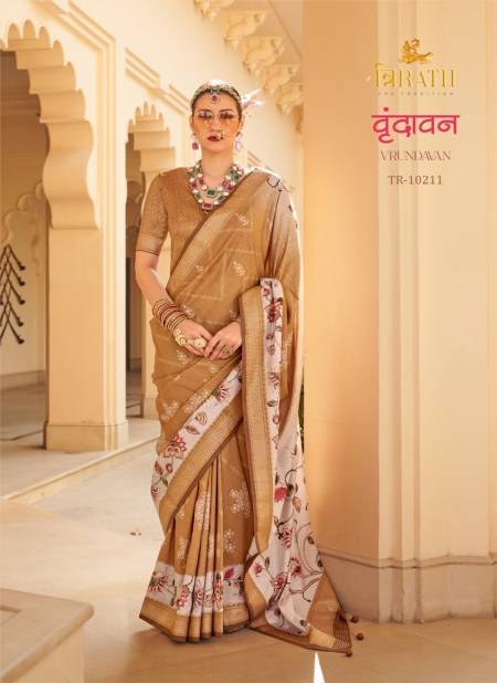 Golden Colour Vrundavan By Trirath Pv Silk Flower Foil Printed Saree Wholesale Shop In Surat TR-10211