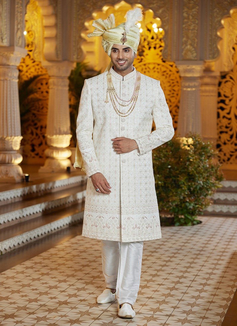 Golden White Colour 1660 Function Wear Mens Sherwani Surat Orders In India 3313