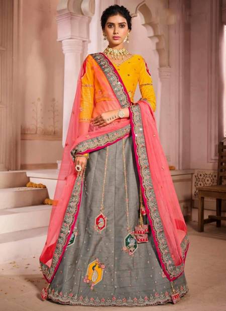 Grey and pink brocade silk Indian wedding lehenga choli 7806