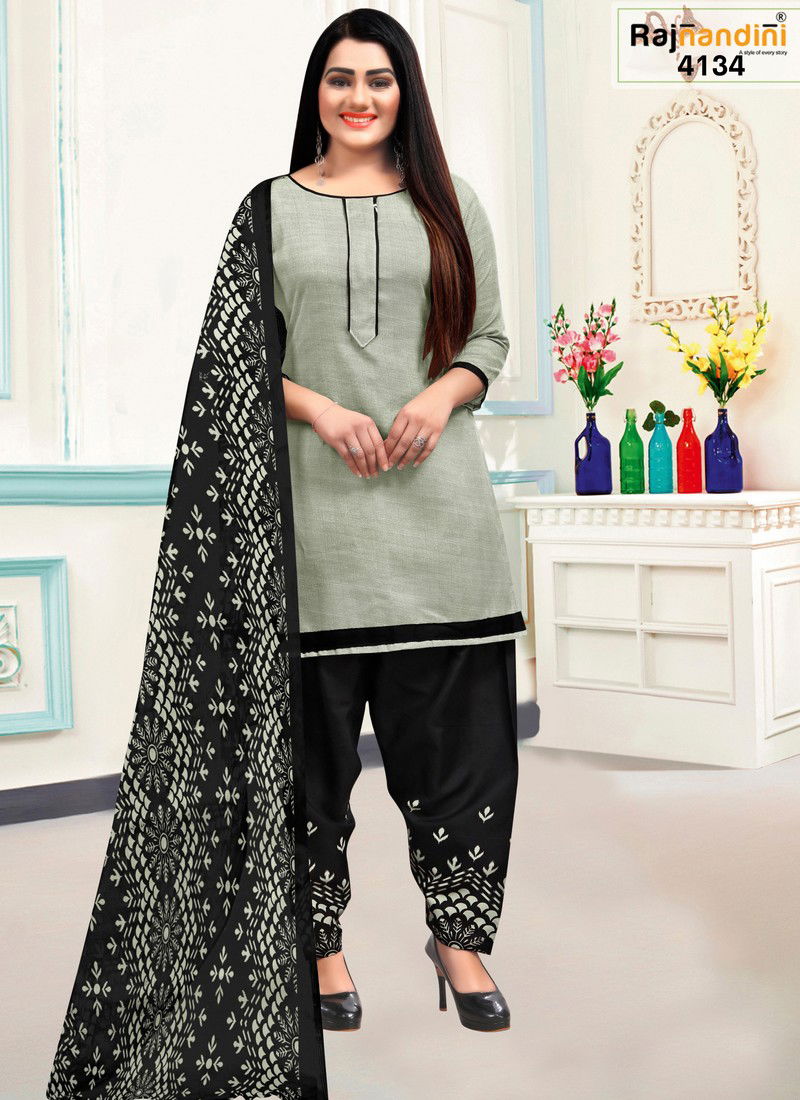 Gray And Black Mohini Cotton Dress Material Catalog 4134