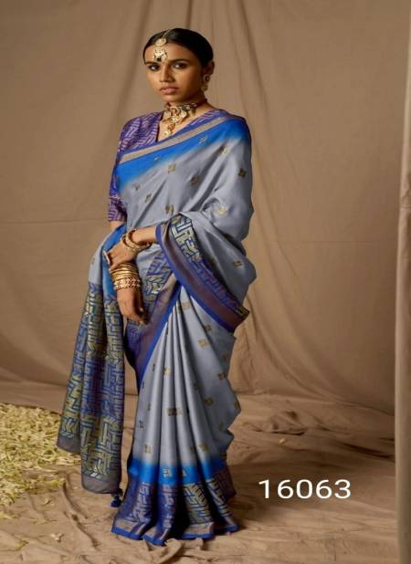 Gray And Blue Colour Meera Soft Silk By Kimora Soft Brasso Silk Designer Saree Catalog P 16063