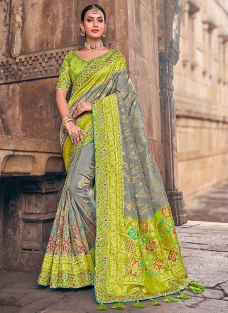 Gray And Green Colour Airavat Silk Wholesale Designer Wedding Wear Saree Catalog 2007
