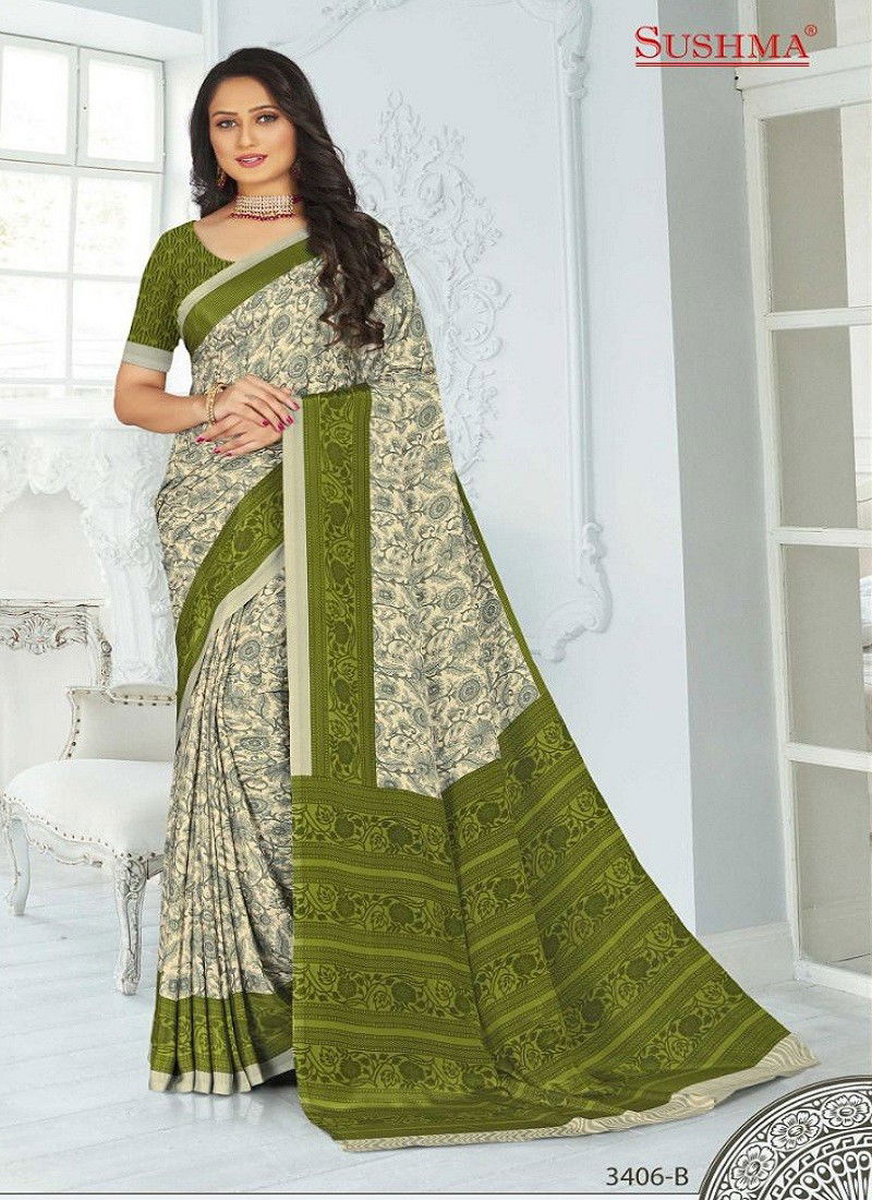 Gray And Green Colour Sushma Set 34 Dailywear Saree Catalog 3406 B