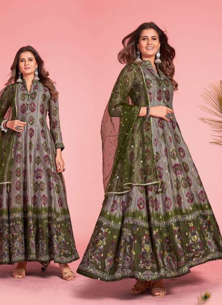 Gray And Mehendi Colour Kalamkari Colors Wholesale Gown Catalog 1002