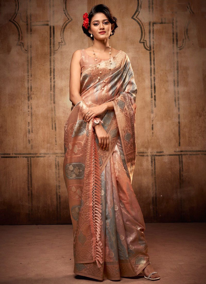 Gray And Peach Attari Organza Fuction Wear Wholesale Silk Sarees 85004