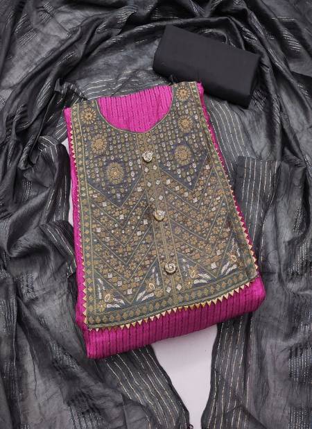 Gray And Pink Colour Cross Head Banarasi Gala Cotton Dress Material Catalog 5