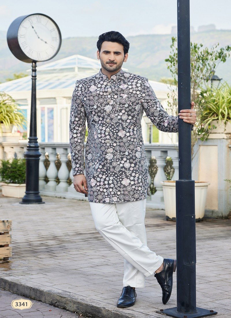 Gray Colour 3341 To 3344 Wedding Wear Valvet Mens Indo Western Wholesale Online 3341