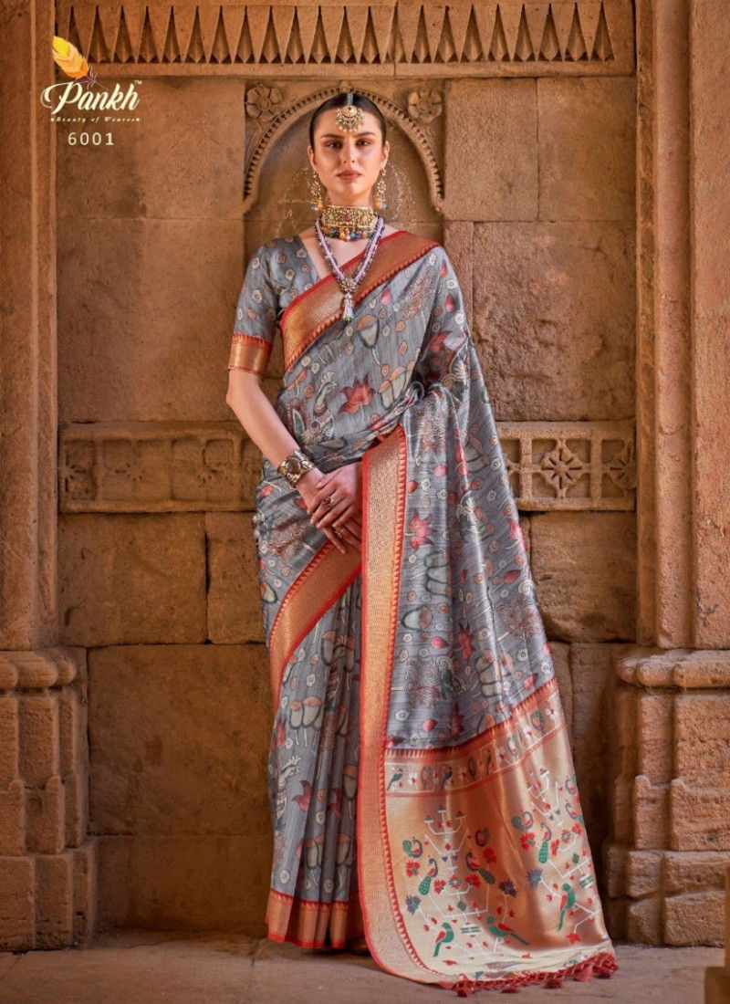 Gray Colour Heritage By Pankh Printed Saree Catalog 6001