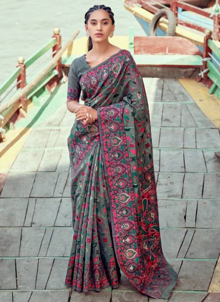 Gray Colour Kani Pashmina Fancy Wear Wholesale Printed Sarees 70003