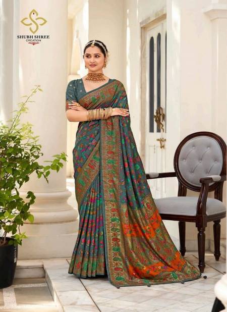Gray Colour Pashmina By Shubh Shree Velvet Tussar Silk Designer Saree Catalog 1001