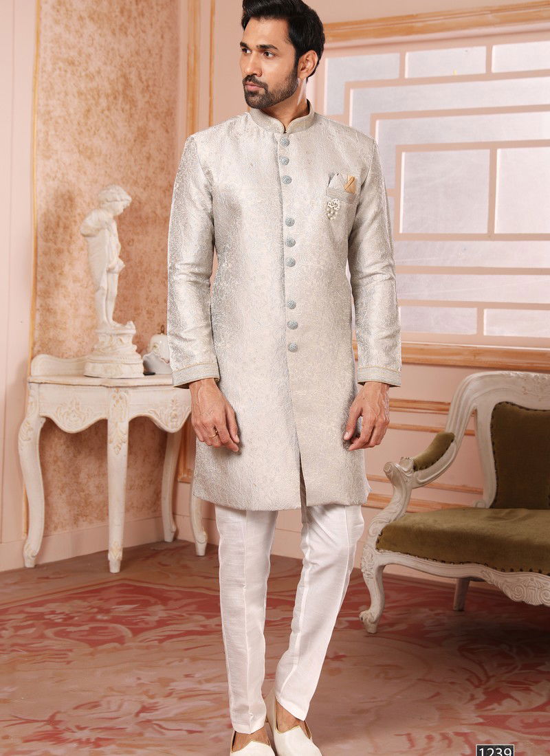 Gray Colour Wedding Wear Mens Wholesale Indo Western Catalog 1239